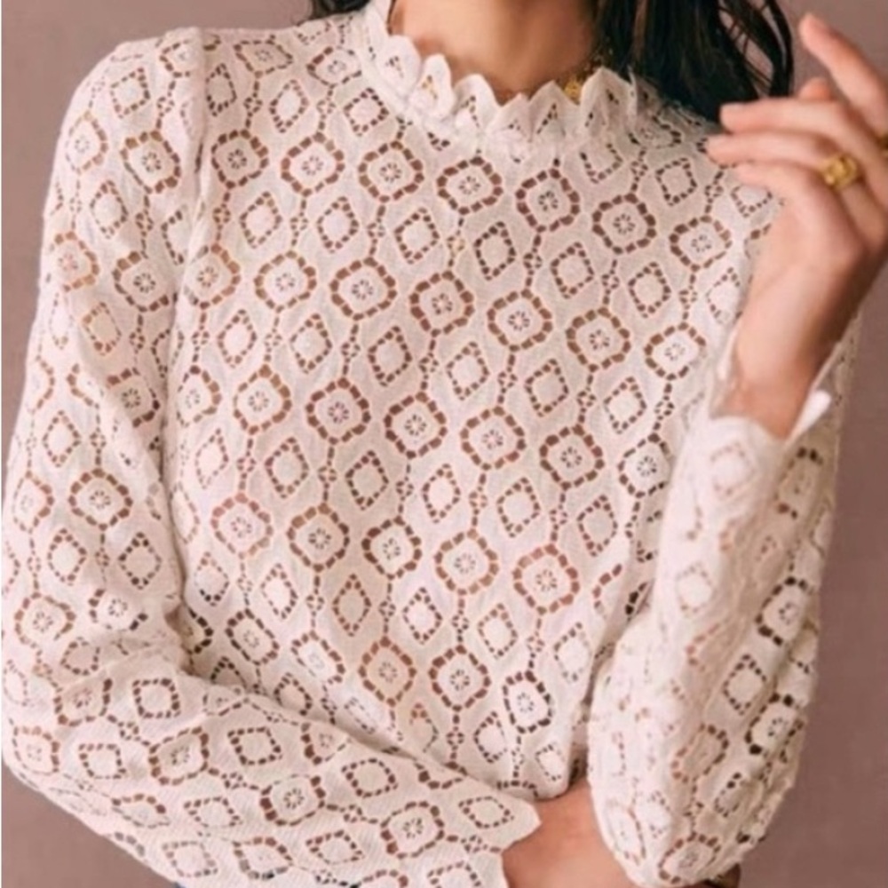 💐 New Sezane Eglatine White Lace Blouse - FR 34/US 2